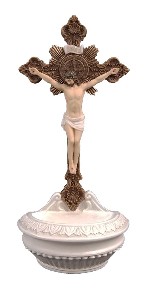 St. Benedict Crucifix Holy Water Font, Full Color