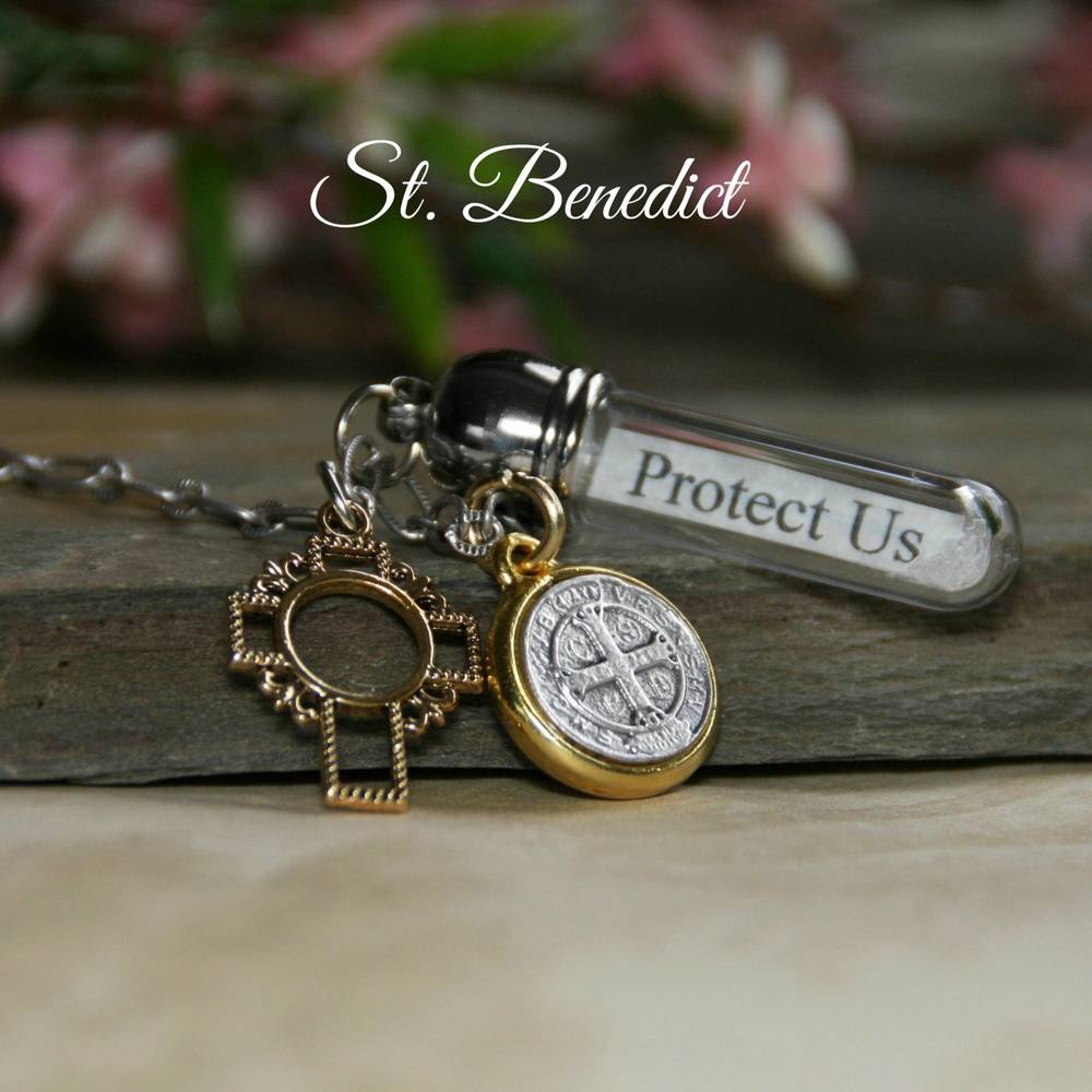 St. Benedict Protect Us Gold Message in a Bottle Necklace