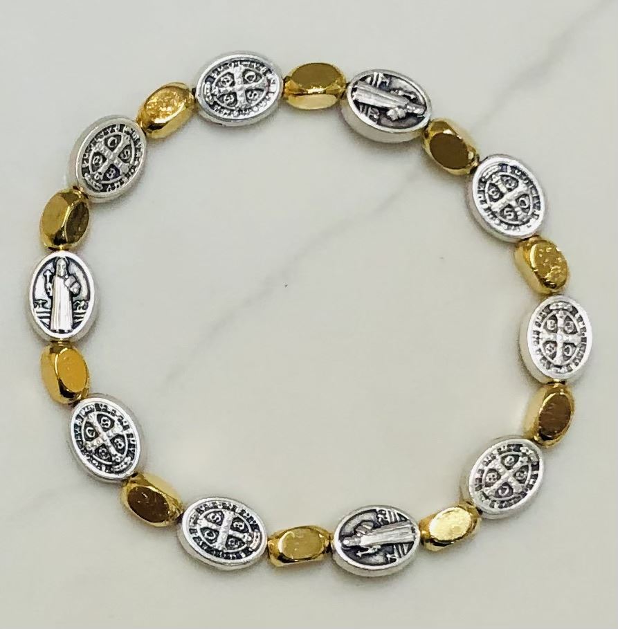 St. Benedict Two Tone Oval Bead Rosary Bracelet