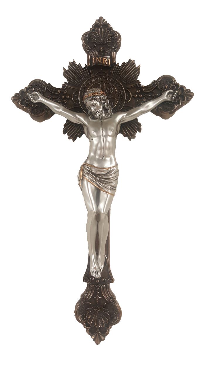 St. Benedict Wall Crucifix, 14" Bronze Cross with Pewter Corpus