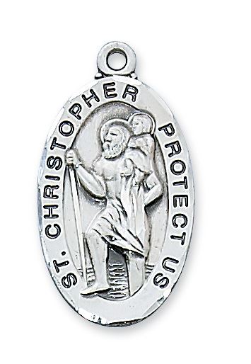 St. Christopher Oval Sterling Silver Medal on 24" Chain