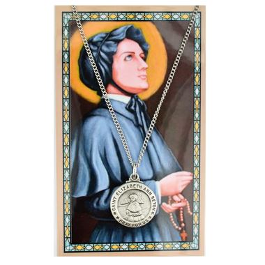 ST ELIZABETH ANN SETON PRAYER CARD SET WITH PEWTER MEDAL WITH 18" SILVERTONE CHAIN & LAMINATED HOLY CARD