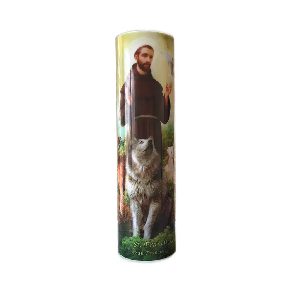 St. Francis 8" Flickering LED Flameless Prayer Candle with Timer