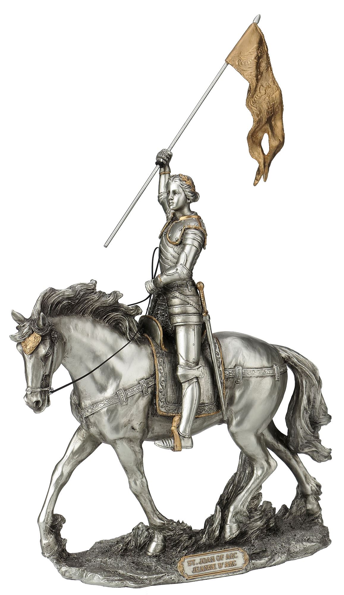 St. Joan of Arc on Horse 11" Statue, Pewter Finish w/Gold Trim