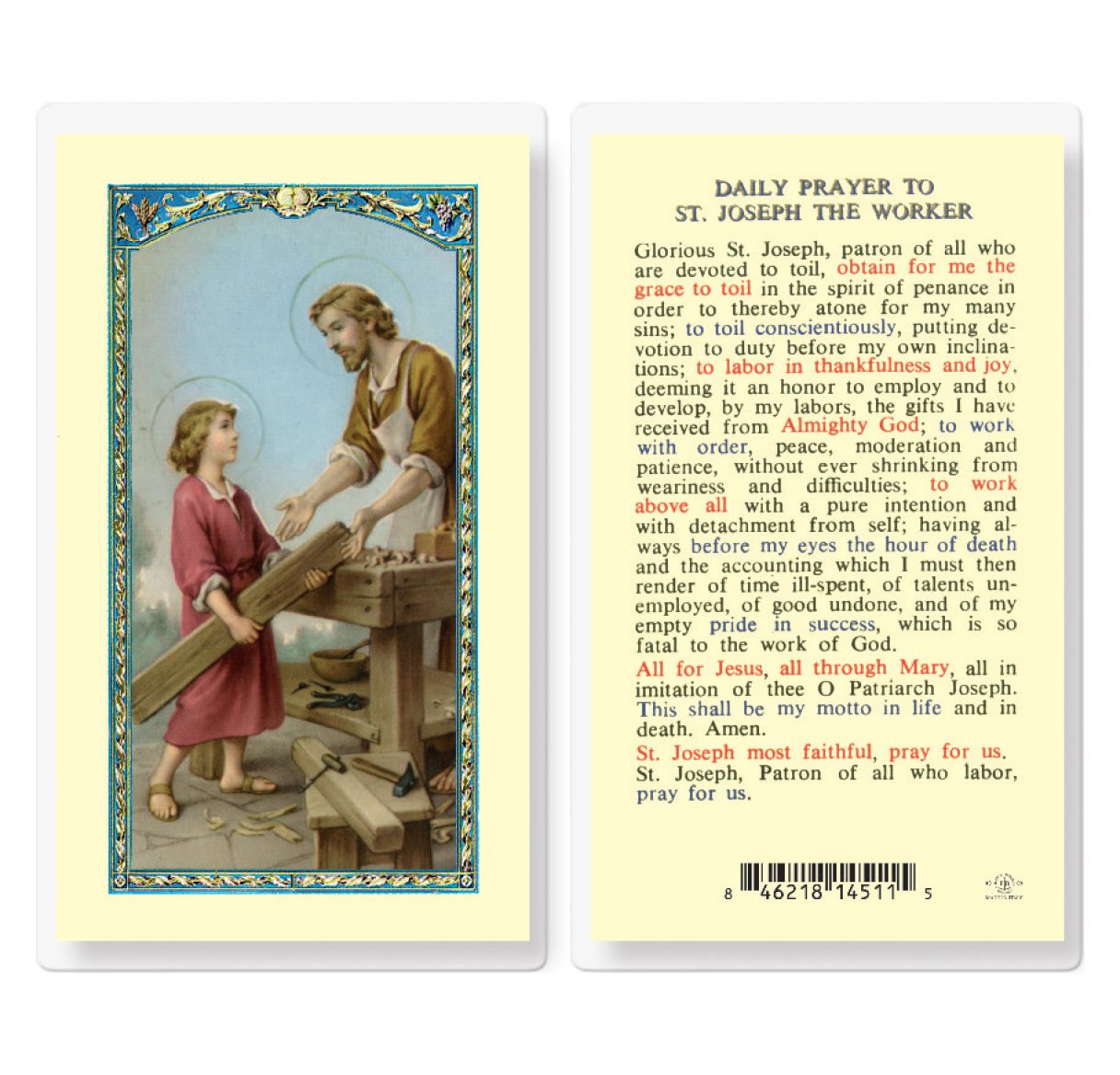 St. Joseph Patron Of Workers Laminated Prayer Card