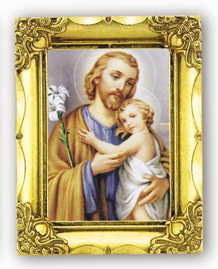 Saint Joseph 4.5” x 3.5” Antique Gold Frame Under Glass, Gold Stamped Italian Art Print