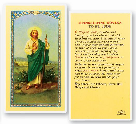 St. Jude Thanksgiving Novena Laminated Prayer Card
