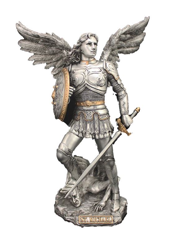 Archangel Michael statue in a pewter style finish with gold highlights, 12.5".