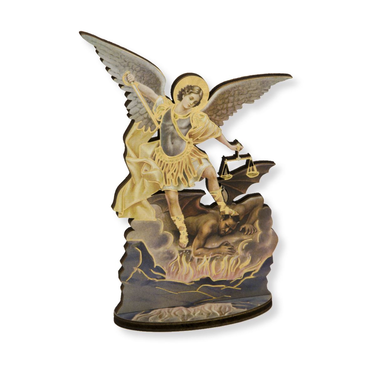 Saint Michael 6" Gold Foil Laser Cut Wooden Saint Statue. Made in Italy.