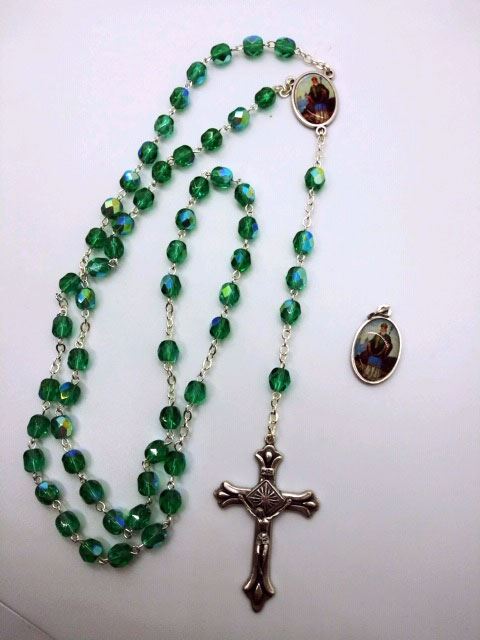 St. Patrick 7mm Emerald Crystal Rosary with Extra St. Patrick Medal