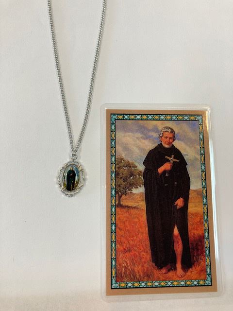 Patron Saint of those afflicted with Cancer St. Peregrine Pewter Neckace and Prayer Card Set