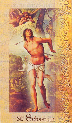 Saint Sebastian  2 Page Biography, Name Meaning, Patron Attributes, Prayer to Saint, Feast Day  Gold Stamped Italian Art   5.375" X 3.25"