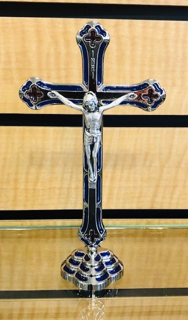 Standing 6" Crucifix with Blue Enamel
