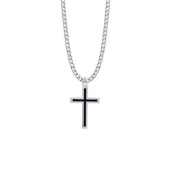 1-1/8 Inch Sterling Silver Black Enameled with Raised Border Cross Necklace