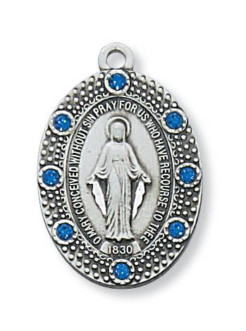 Sterling Silver & Blue Miraculous Medal on 18" chain