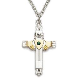 Sterling Silver Claddagh Cross with Emerald on 18" Chain