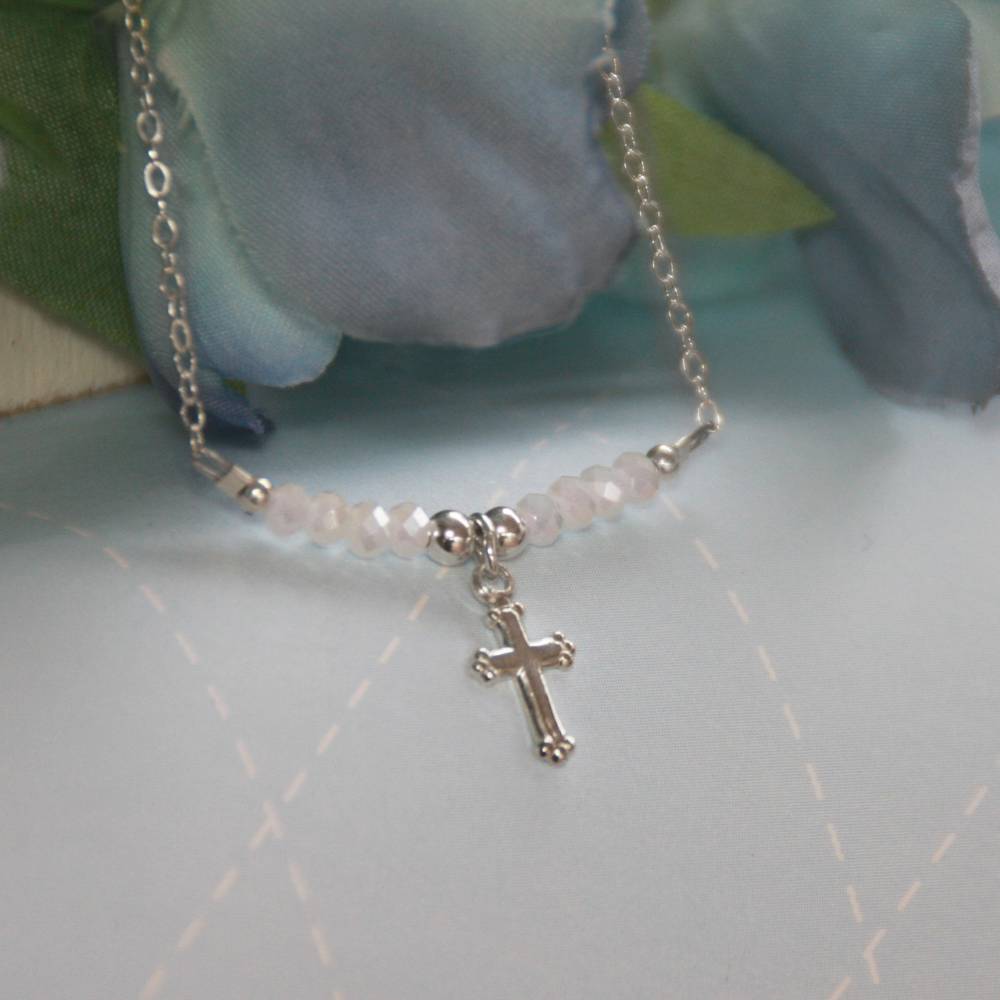 Sterling Silver Cross Necklace with White Opaque Beads