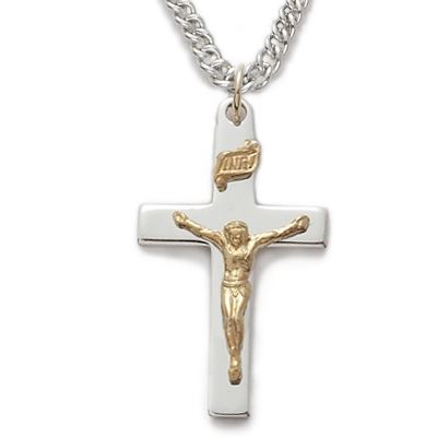 Sterling Silver Crucifix Necklace in a 2-Tone Polished Finish Design