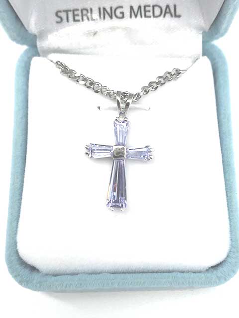 Sterling Silver Light Sapphire Cubic Zirconia Cross on 18" Chain