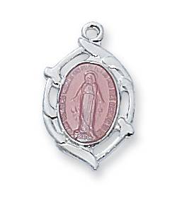 Sterling Silver Pink Miraculous Medal on 16" Chain