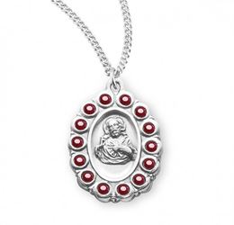 Sterling Silver Scapular Medal with Swarovski Ruby Crystals on 18" Chain