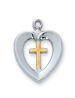 Sterling Silver Two-Tone Heart Cross