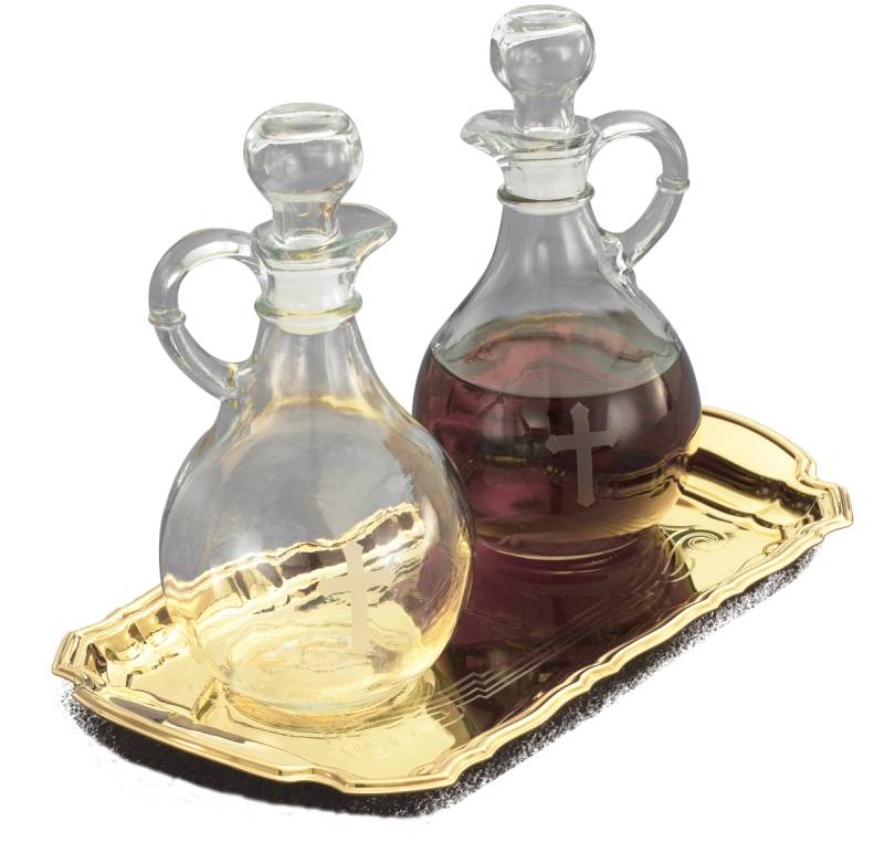 Glass cruets for mass with brass tray