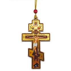 Three Bar Cross Pendant Small Wooden Icon Crucifix 3 3/4 x 2 Inch Made In Ukraine