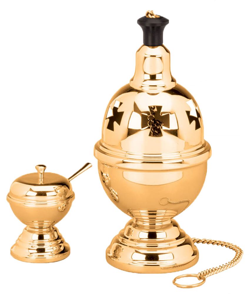 Thurible & Incense Boat, Bronze Or Brass, Single Chain, Round Base