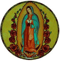 Tiffany Our Lady of Guadalupe Stain Glass Art Hanging, 6.5" Round 