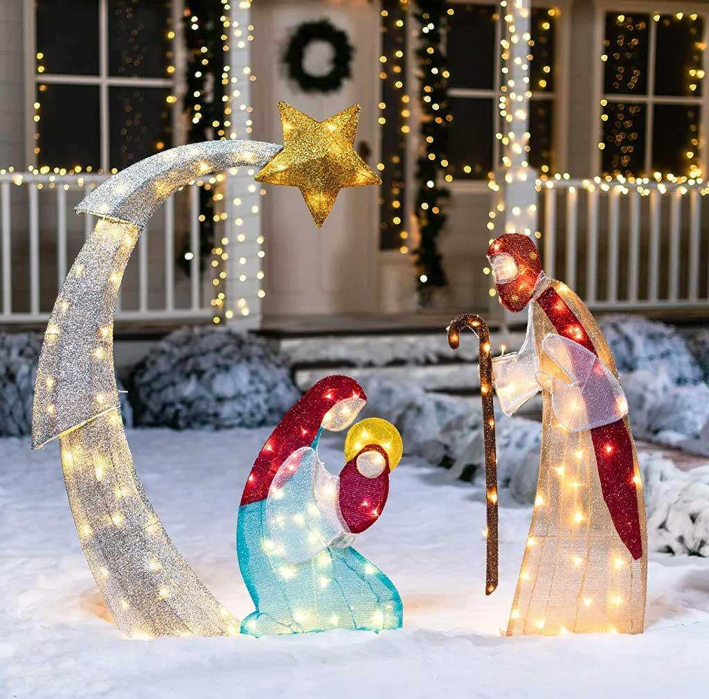 Tinsel Nativity Scene 5ft 140 LED Warm White Yard Light