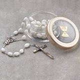 White Communion Rosary With Round Clear Box