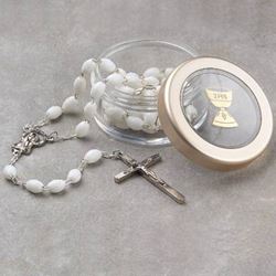 White Communion Rosary With Round Clear Box