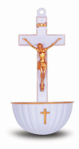 5.5" White Crucifix Plastic Holy Water Font with Gold Highlights