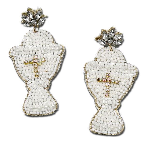 White First Communion Chalice Seed Bead Earrings