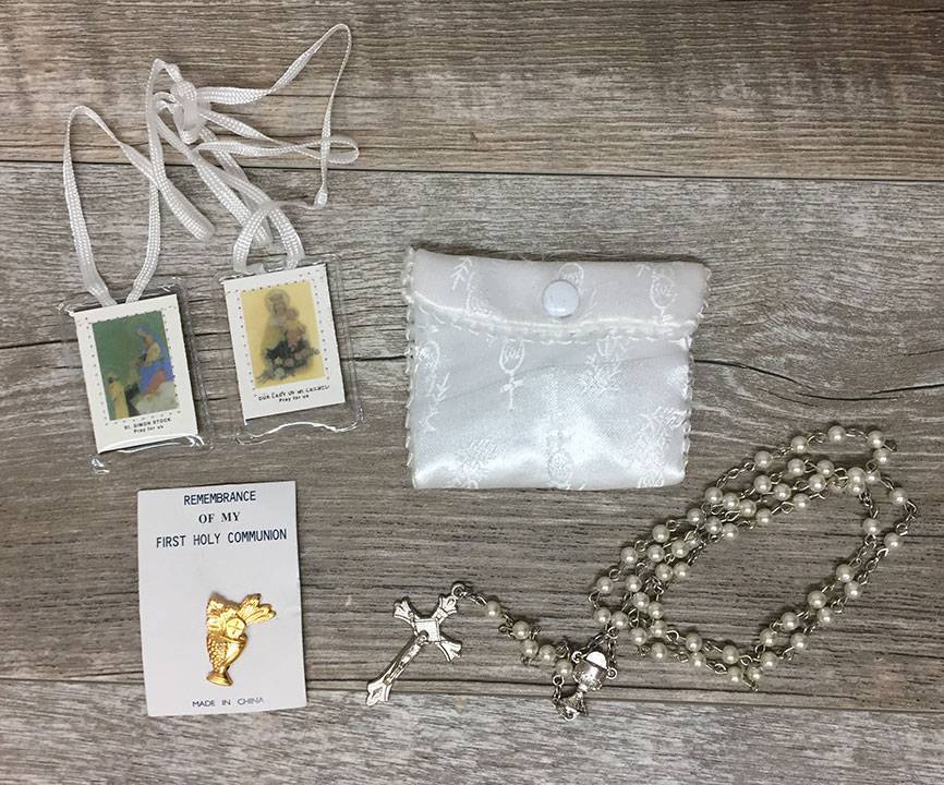 White First Communion Rosary Scapular Pin Set