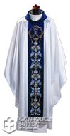 White Marian Chasuble Blue Orphrey - Roll Collar, from Poland