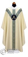 White Marian Chasuble - Damask Fabric "Y" Banding with Embroidered Medallion