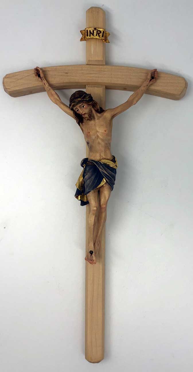 Wood Carved 13" Wall Crucifix with Bent Cross and 6" Colored Corpus, Made in Italy