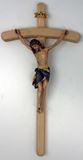 Wood Carved 13" Wall Crucifix with Bent Cross and 6" Colored Corpus, Made in Italy