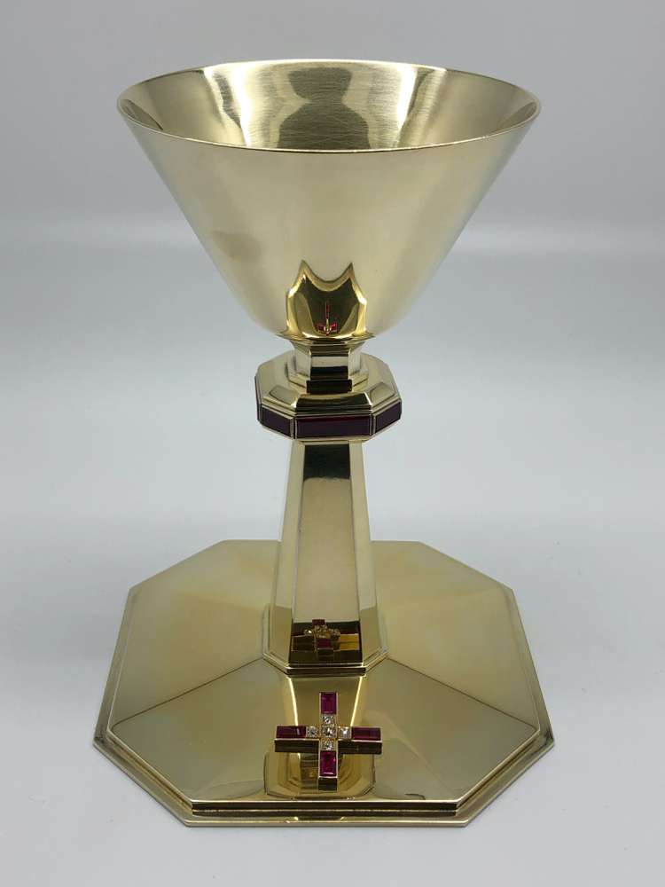 Art Deco Chalice 1930s German Chalice - Sterling Silver Construction, 24kt Gold Plate. Octagon Base with Euro Cut Diamonds in Cross 7.5" ht. x 5 7/8" w.  Comes with Scale Paten.  ?Schwarzmann - Trier Germany  One of a Kind - Consignment item