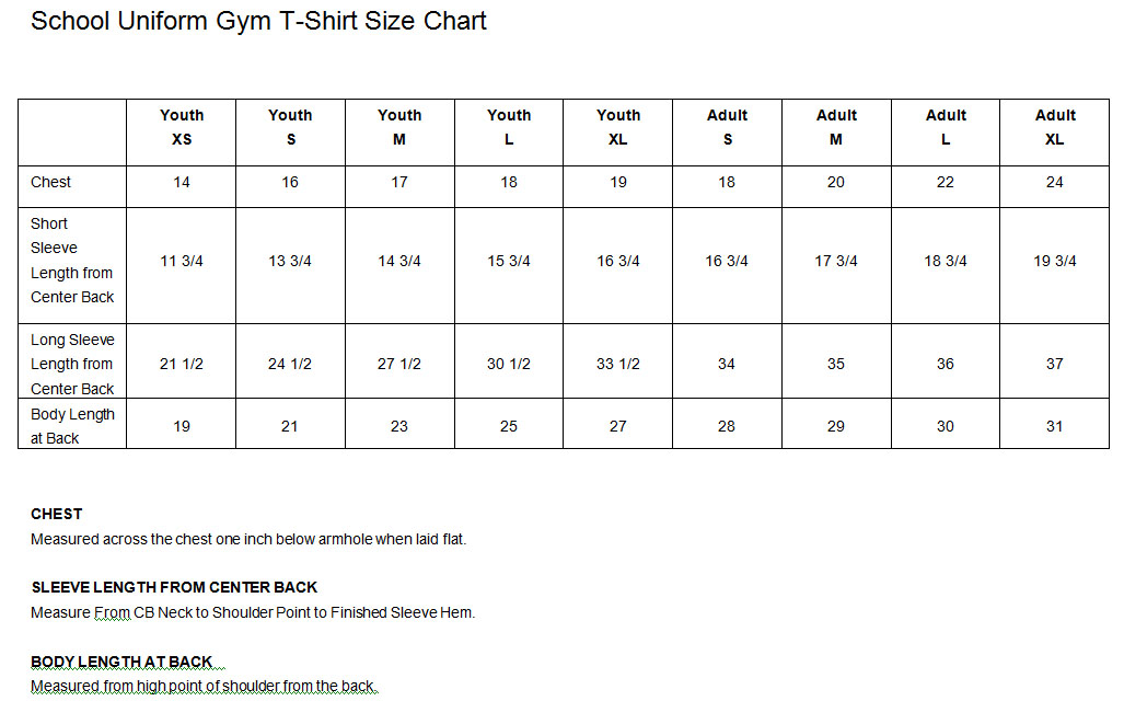 Uniform Gym T-Shirt Size Chart